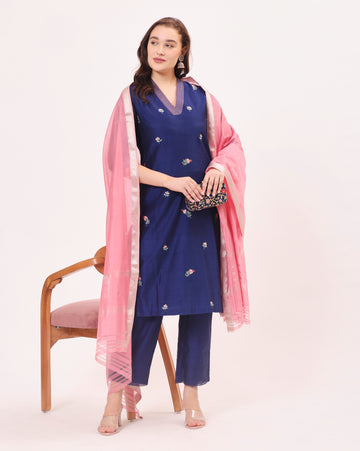 Navy Blue Maheshwari Handwoven Silk and Cotton Suit Set With Organza Dupatta