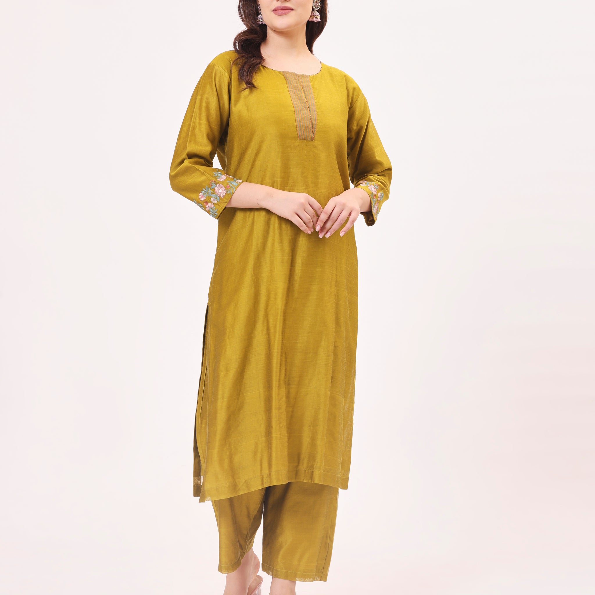 Mustard Maheshwari Handwoven and Hand Embroidered Silk and Cotton Suit two piece