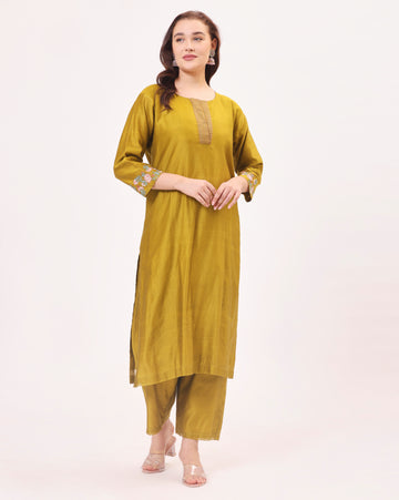 Mustard Maheshwari Handwoven and Hand Embroidered Silk and Cotton Suit two piece