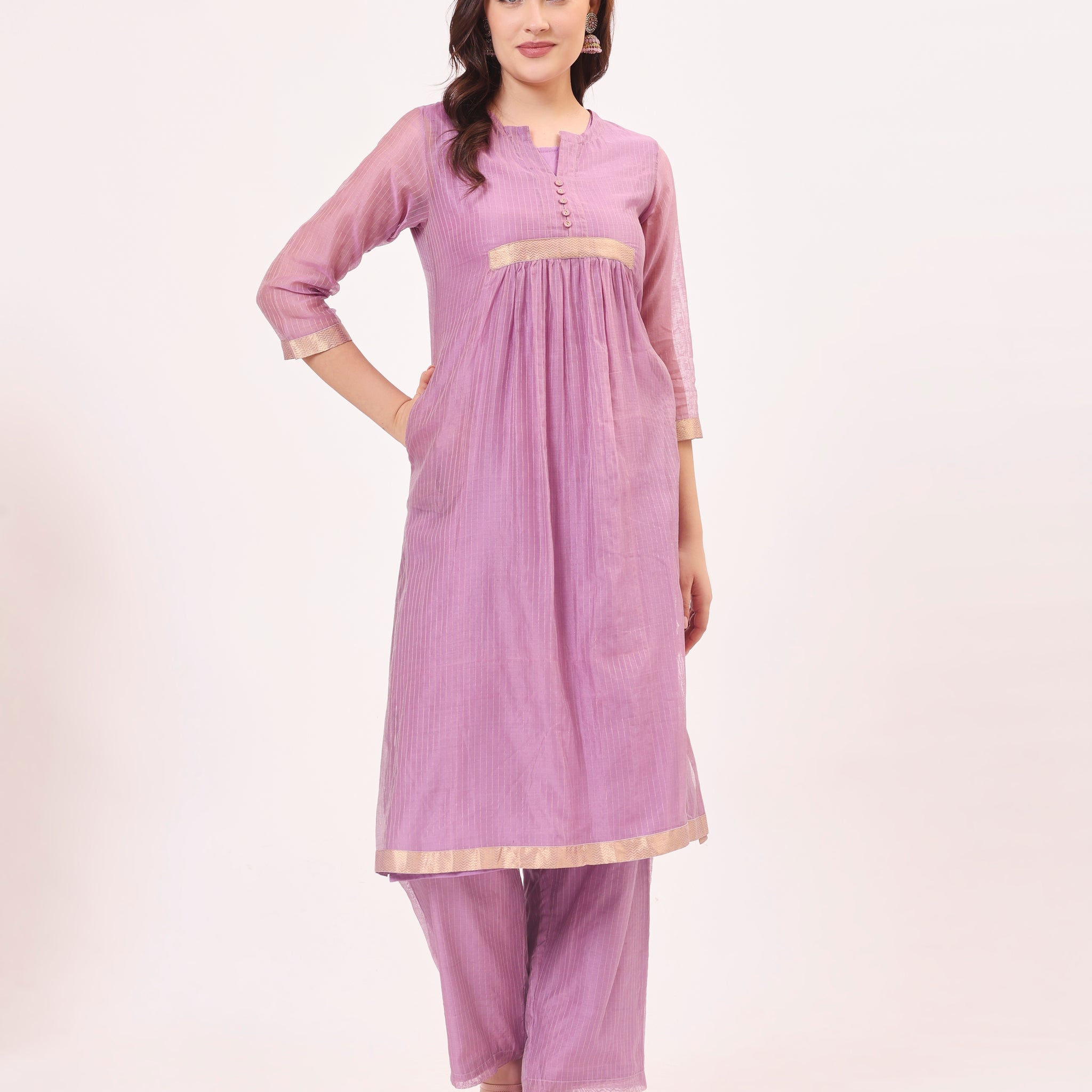 Purple Maheshwari Handwoven and Hand Embroidered Silk and Cotton Kurta two piece