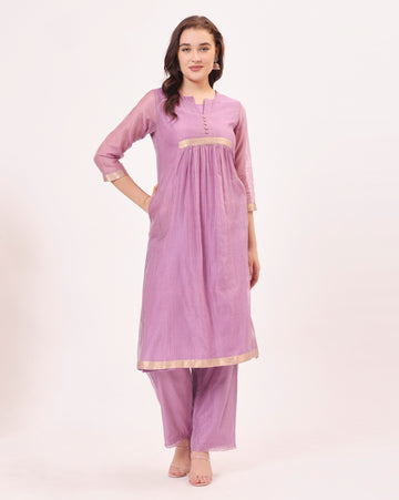 Purple Maheshwari Handwoven and Hand Embroidered Silk and Cotton Kurta two piece