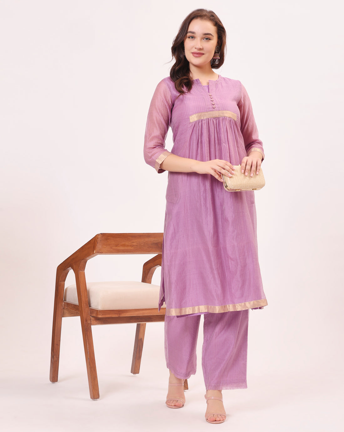 Purple Maheshwari Handwoven and Hand Embroidered Silk and Cotton Kurta two piece