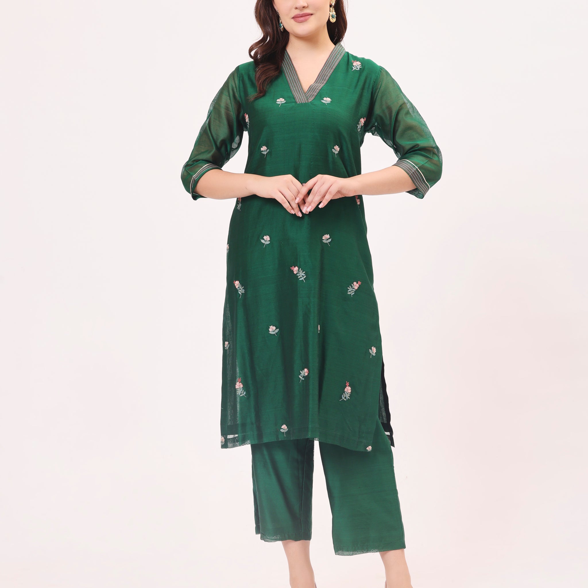 Forest Green Maheshwari Handwoven and Hand Embroidered Silk and Cotton Suit two piece