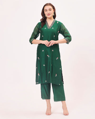 Forest Green Maheshwari Handwoven and Hand Embroidered Silk and Cotton Suit two piece