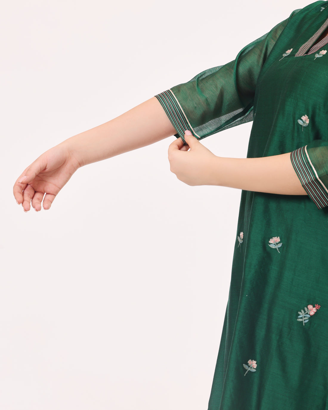 Forest Green Maheshwari Handwoven and Hand Embroidered Silk and Cotton Suit two piece