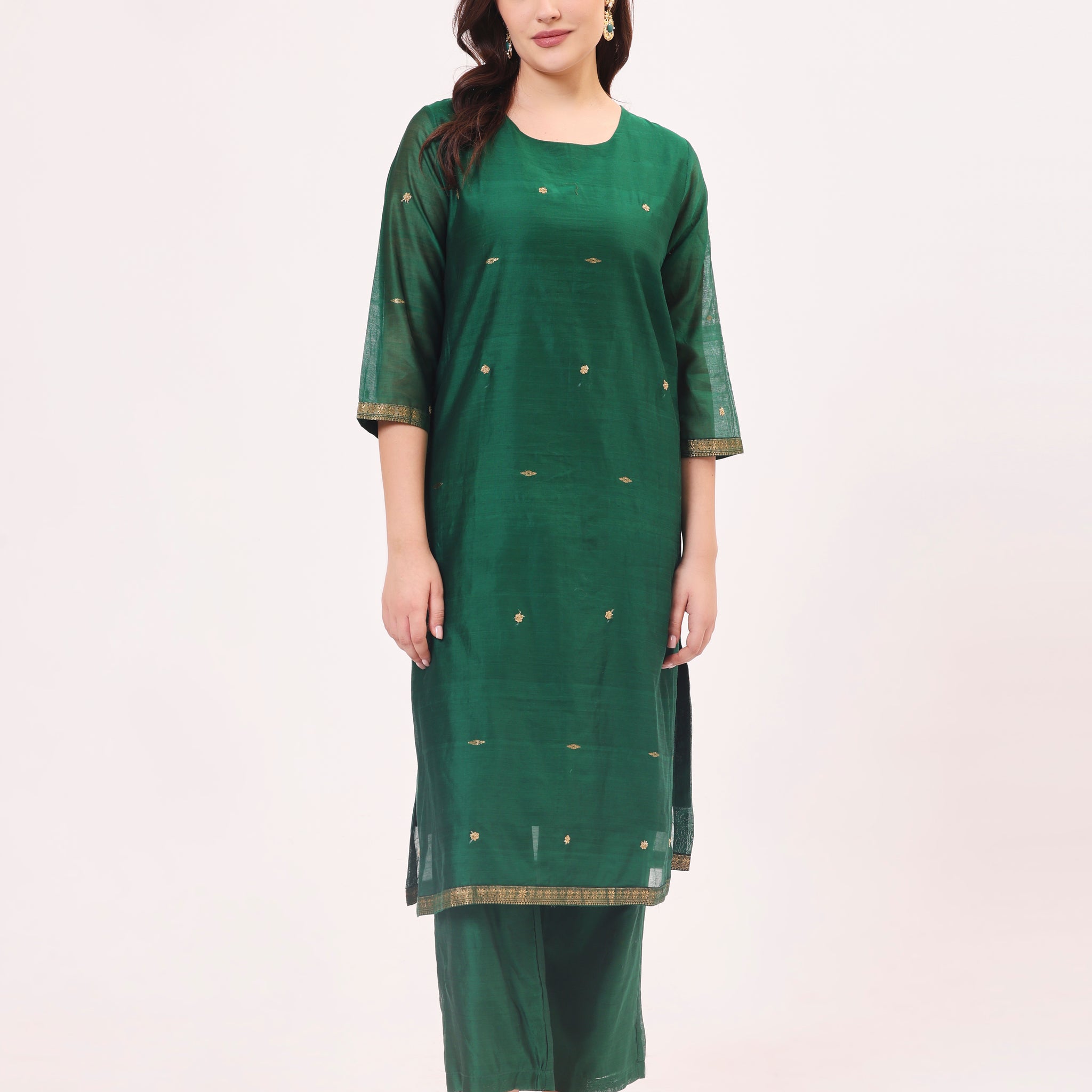 Forest Green Maheshwari Handwoven and Hand Embroidered Silk and Cotton Suit two piece