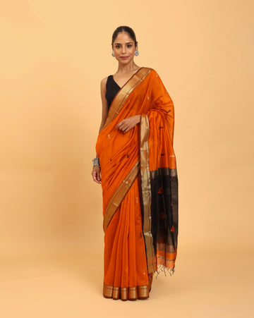 Ethnic Orange Maheshwari Handwoven Jari Pallu Saree