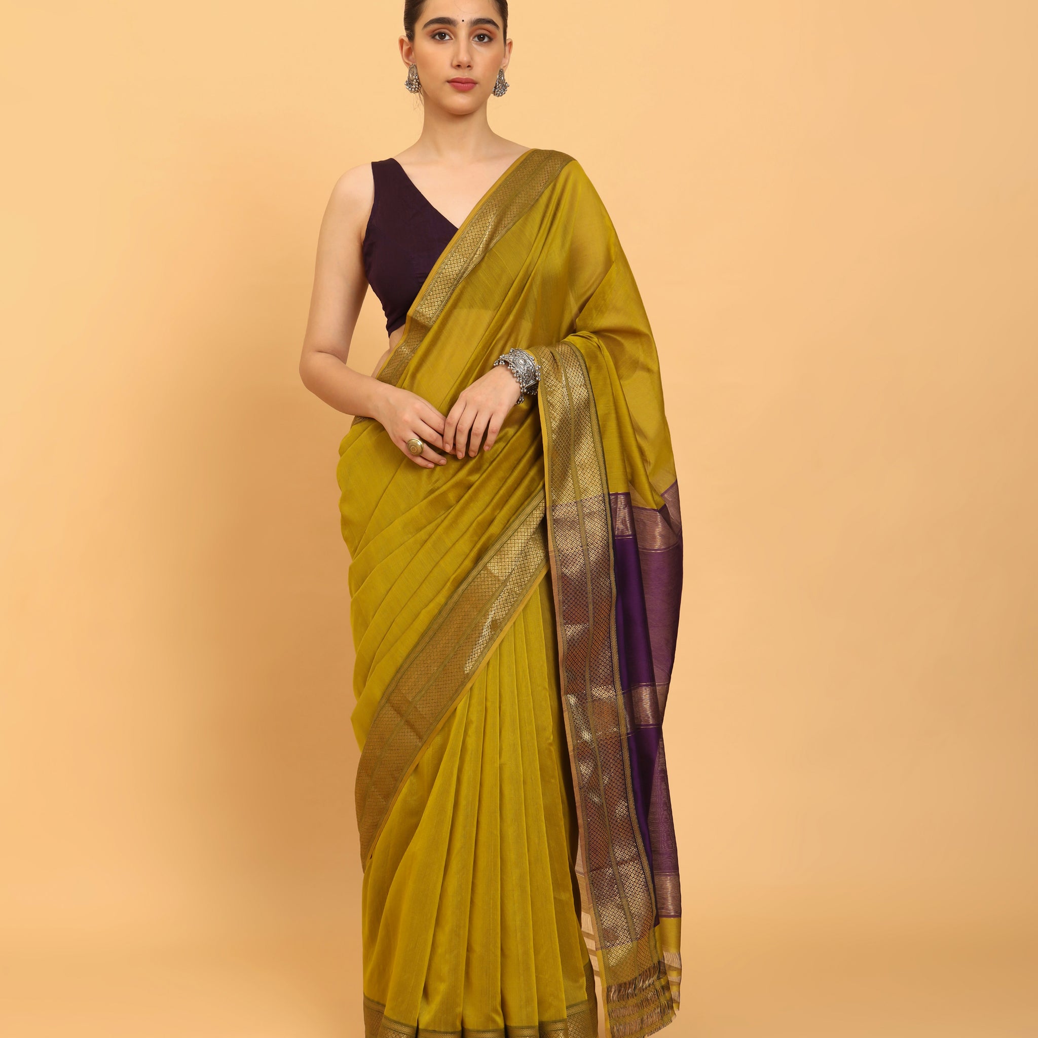 Mustard Maheshwari Handwoven Silk Cotton Saree