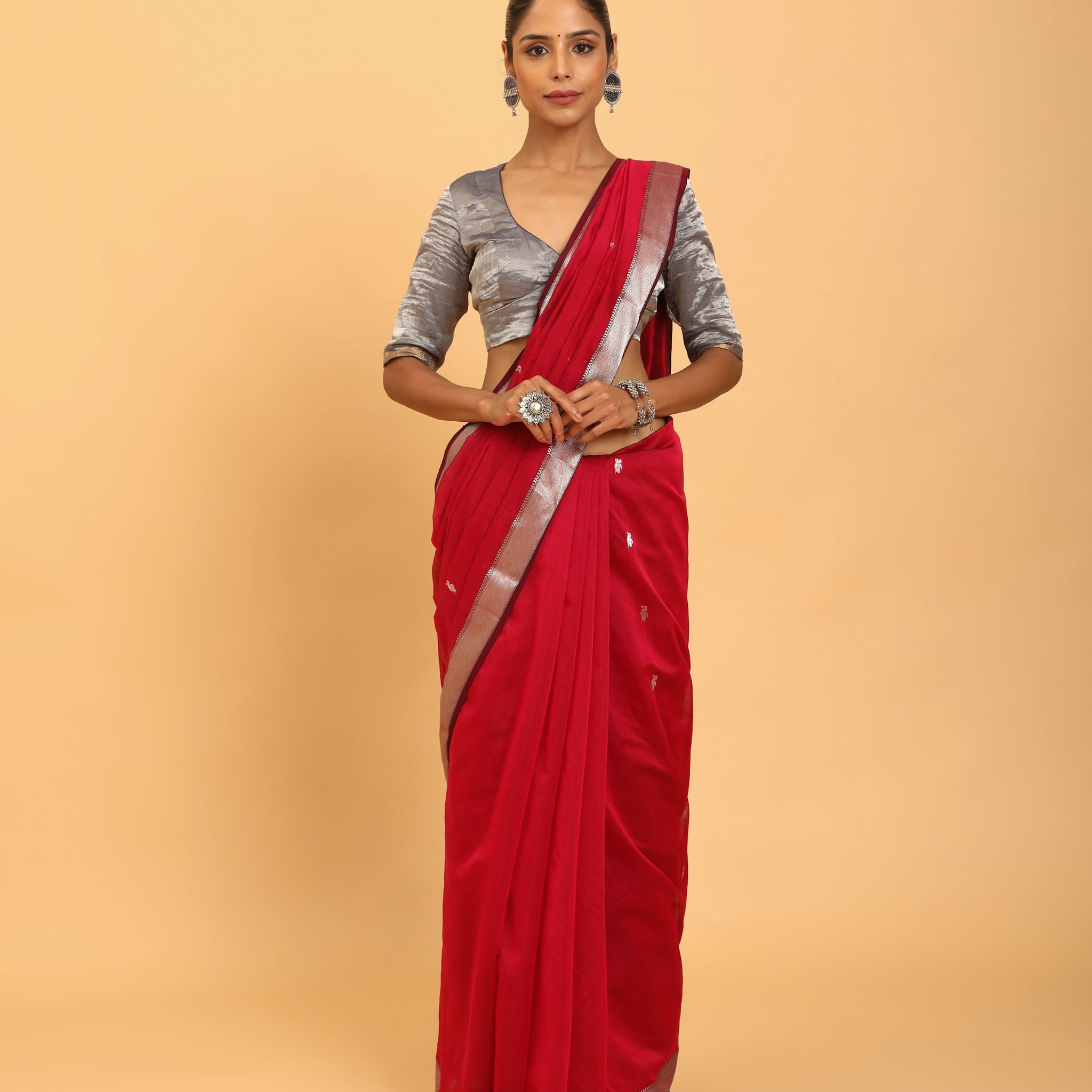 Maroon Red Maheshwari Handwoven Silver Jari Butti Saree