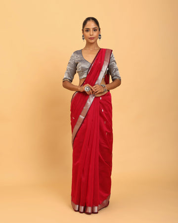 Maroon Red Maheshwari Handwoven Silver Jari Butti Saree