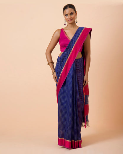 Blue Checks Maheshwari Handwoven Saree