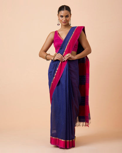 Blue Checks Maheshwari Handwoven Saree