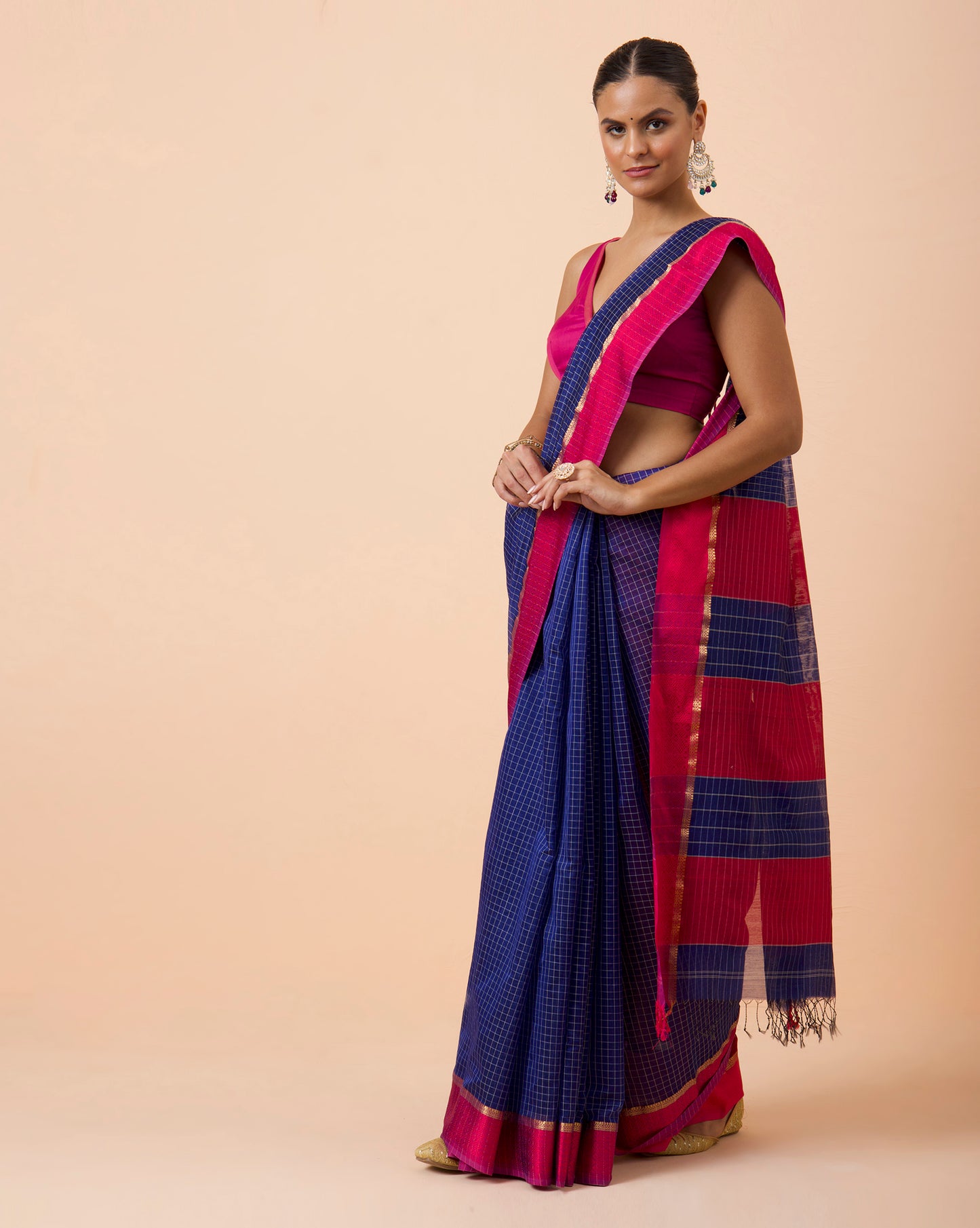 Blue Checks Maheshwari Handwoven Saree