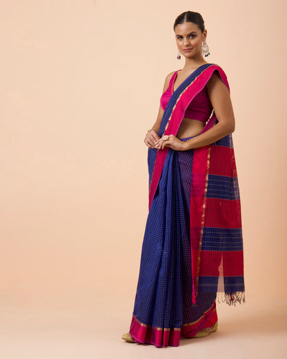 Blue Checks Maheshwari Handwoven Saree