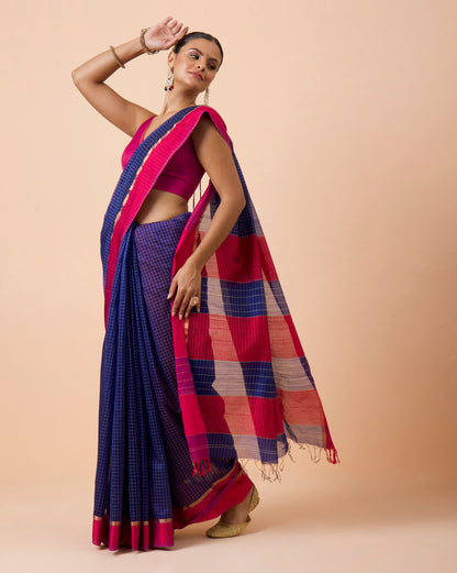 Blue Checks Maheshwari Handwoven Saree