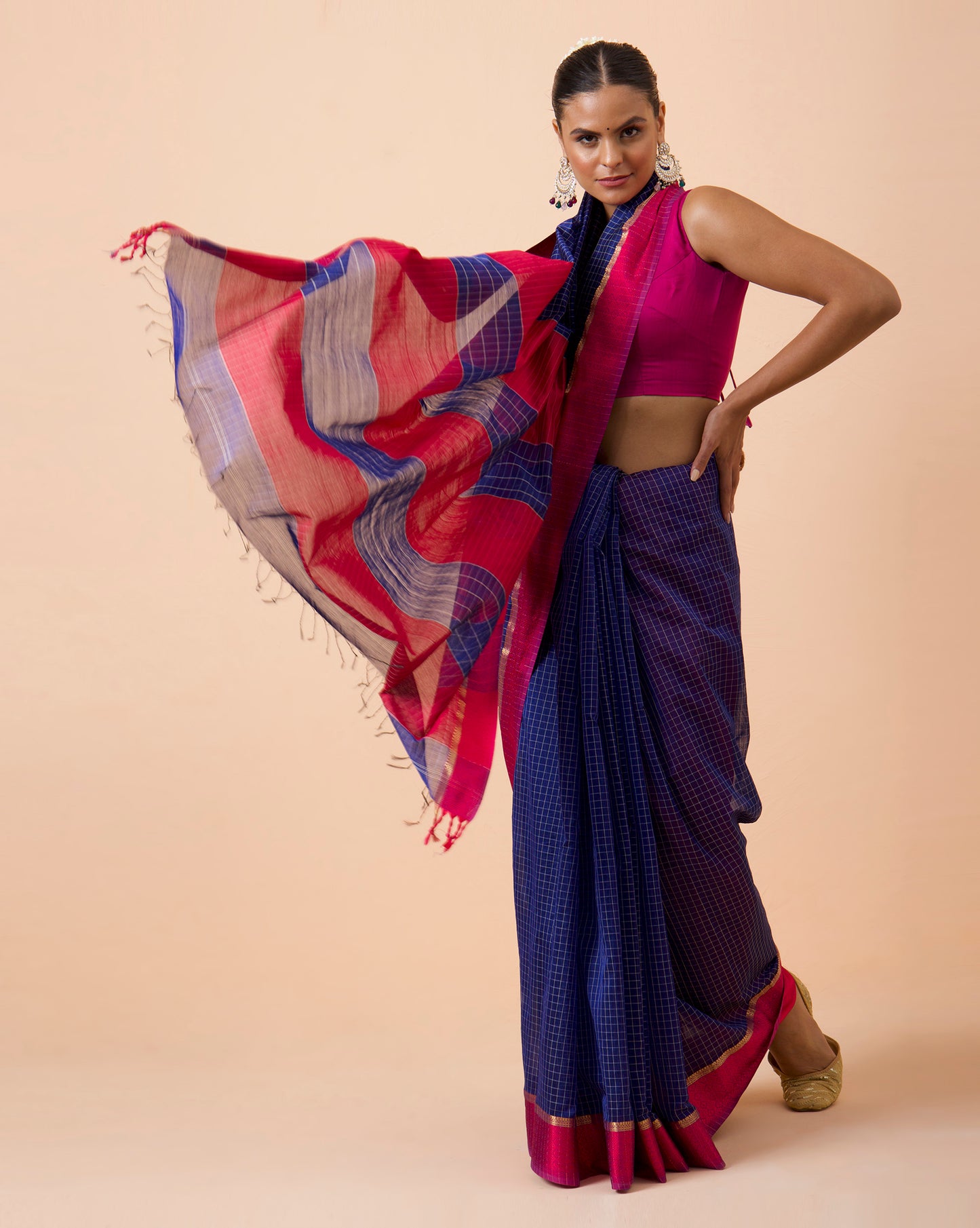 Blue Checks Maheshwari Handwoven Saree