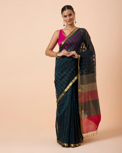 Wine green Silk & Cotton Maheshwari Saree with Multicolour Palla