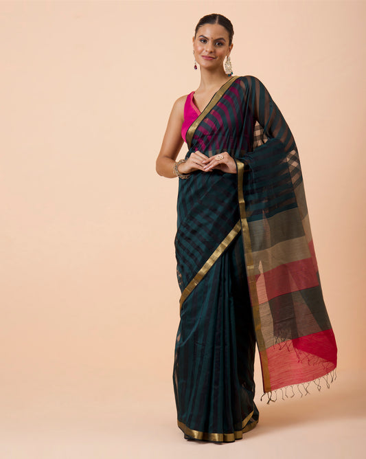 Wine green Silk & Cotton Maheshwari Saree with Multicolour Palla