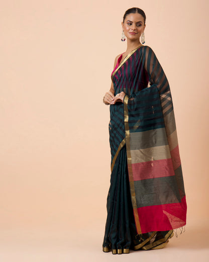 Wine green Silk & Cotton Maheshwari Saree with Multicolour Palla