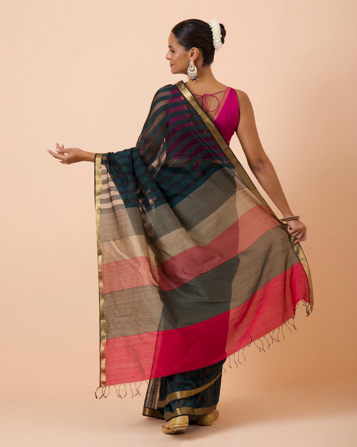 Wine green Silk & Cotton Maheshwari Saree with Multicolour Palla