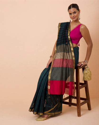 Wine green Silk & Cotton Maheshwari Saree with Multicolour Palla