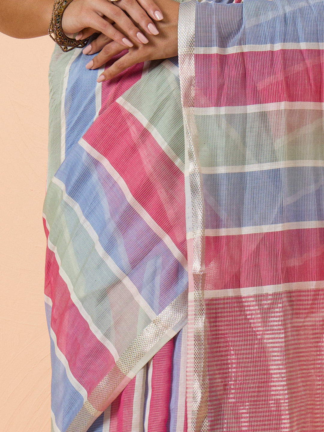 Multi Stripe silver jari pallu maheshwari handwoven