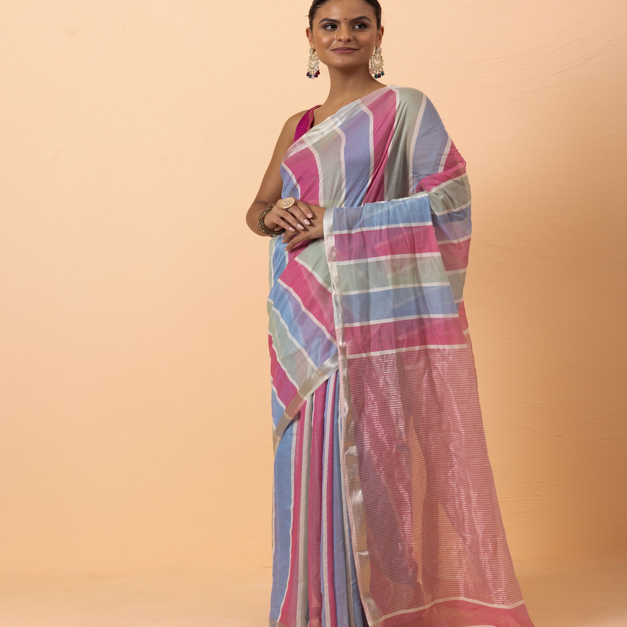 Multi Stripe silver jari pallu maheshwari handwoven