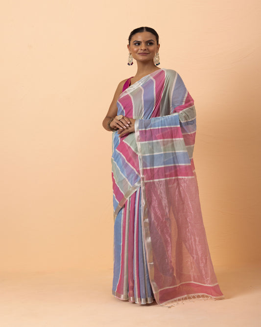 Multi Stripe silver jari pallu maheshwari handwoven