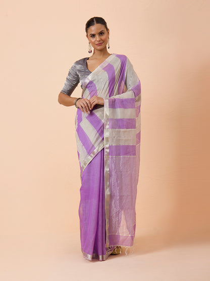 Lilac Purple Stripe Maheshwari Silver jari border Handwoven Saree