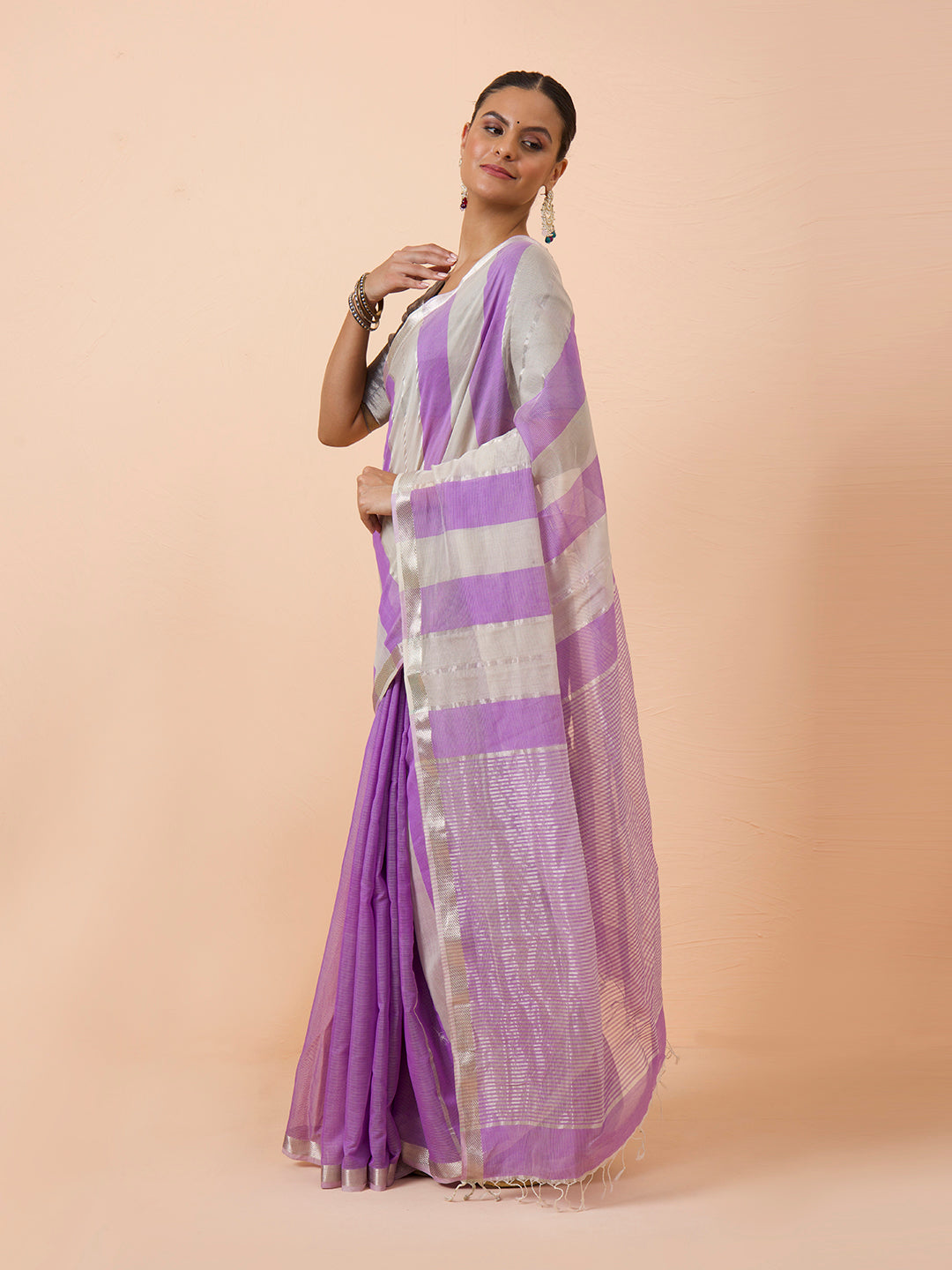 Lilac Purple Stripe Maheshwari Silver jari border Handwoven Saree