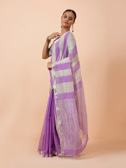 Lilac Purple Stripe Maheshwari Silver jari border Handwoven Saree