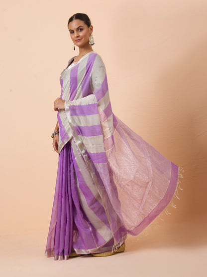 Lilac Purple Stripe Maheshwari Silver jari border Handwoven Saree