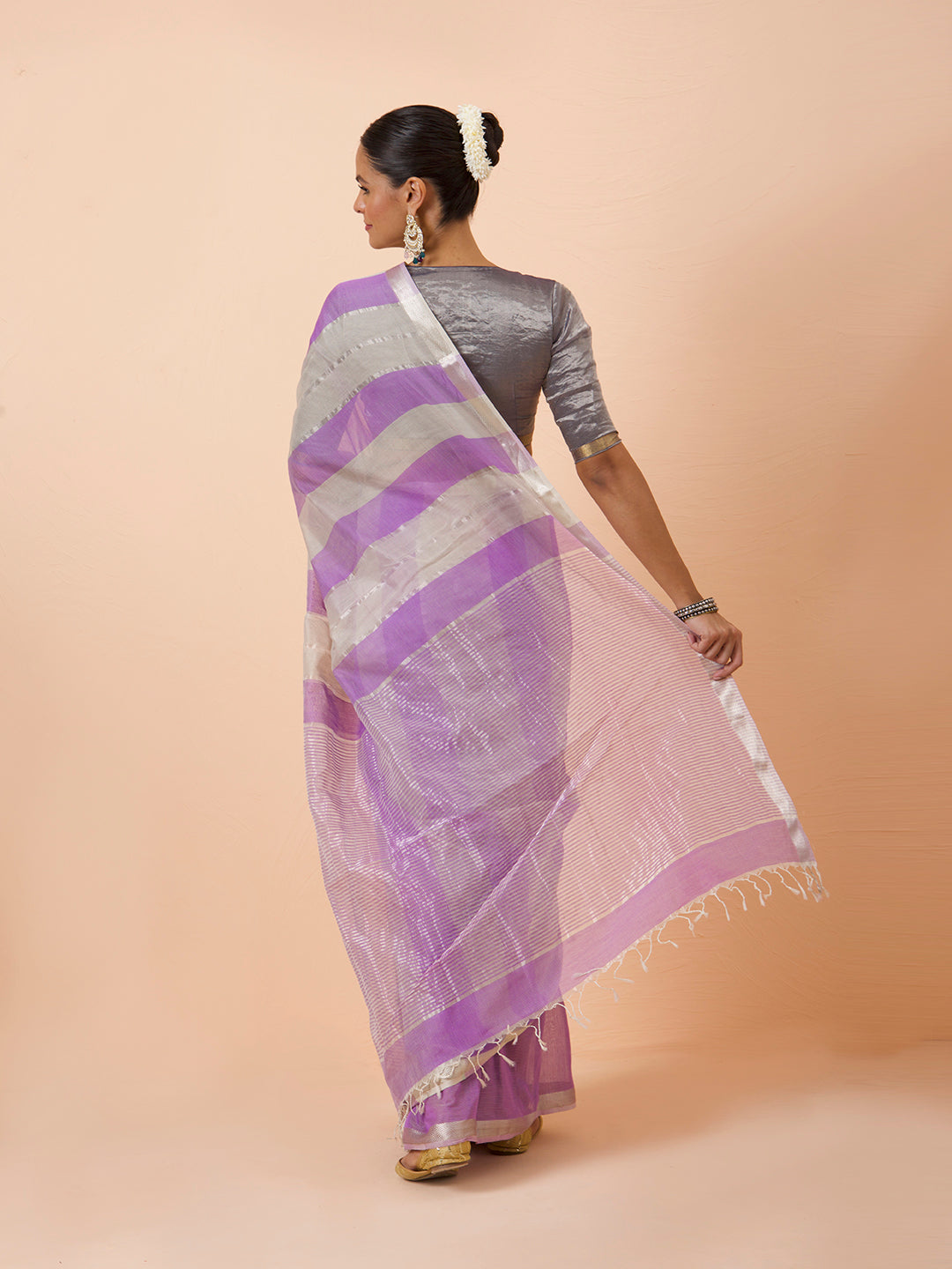 Lilac Purple Stripe Maheshwari Silver jari border Handwoven Saree