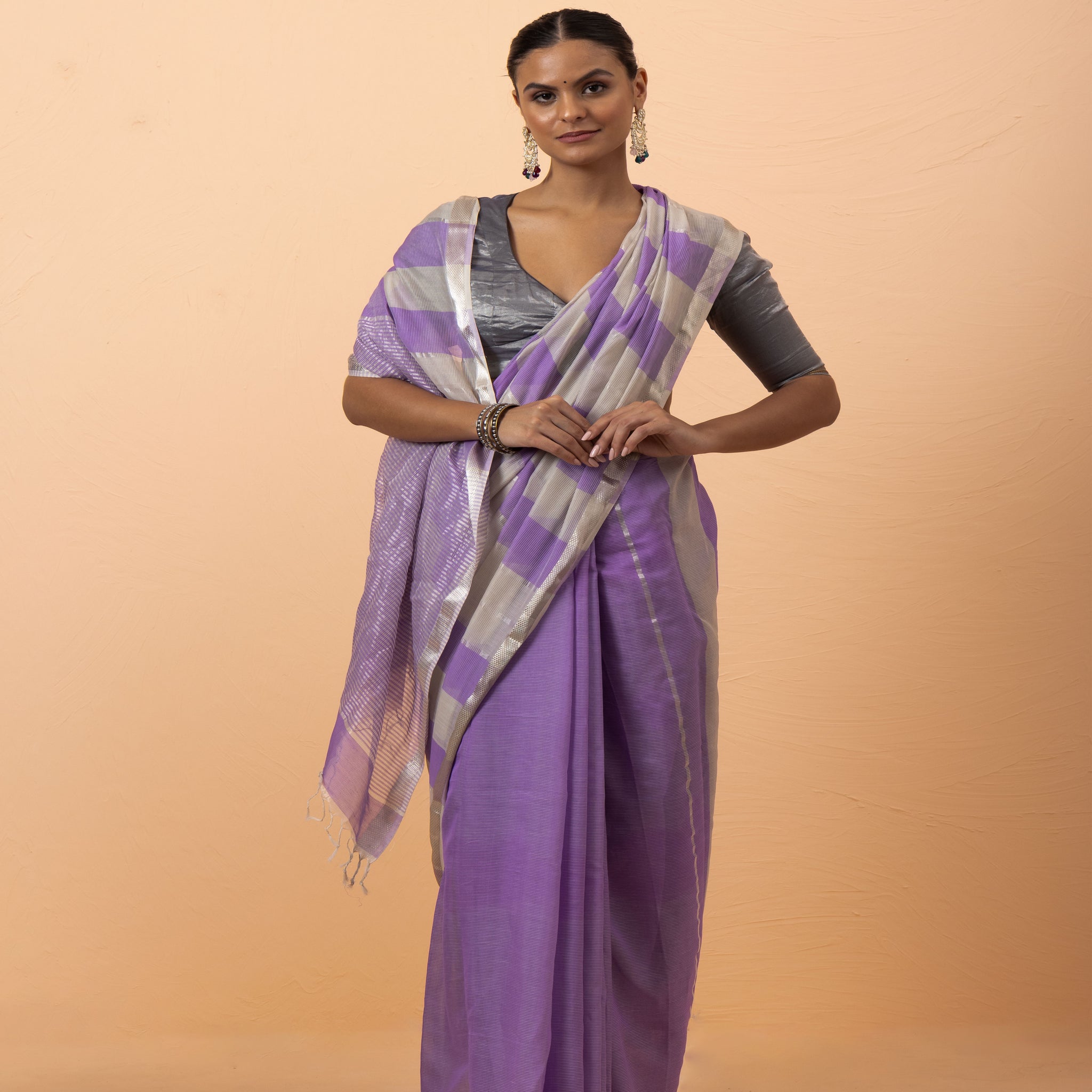 Lilac Purple Stripe Maheshwari Silver jari border Handwoven Saree