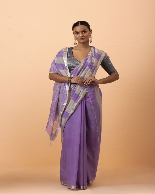 Lilac Purple Stripe Maheshwari Silver jari border Handwoven Saree