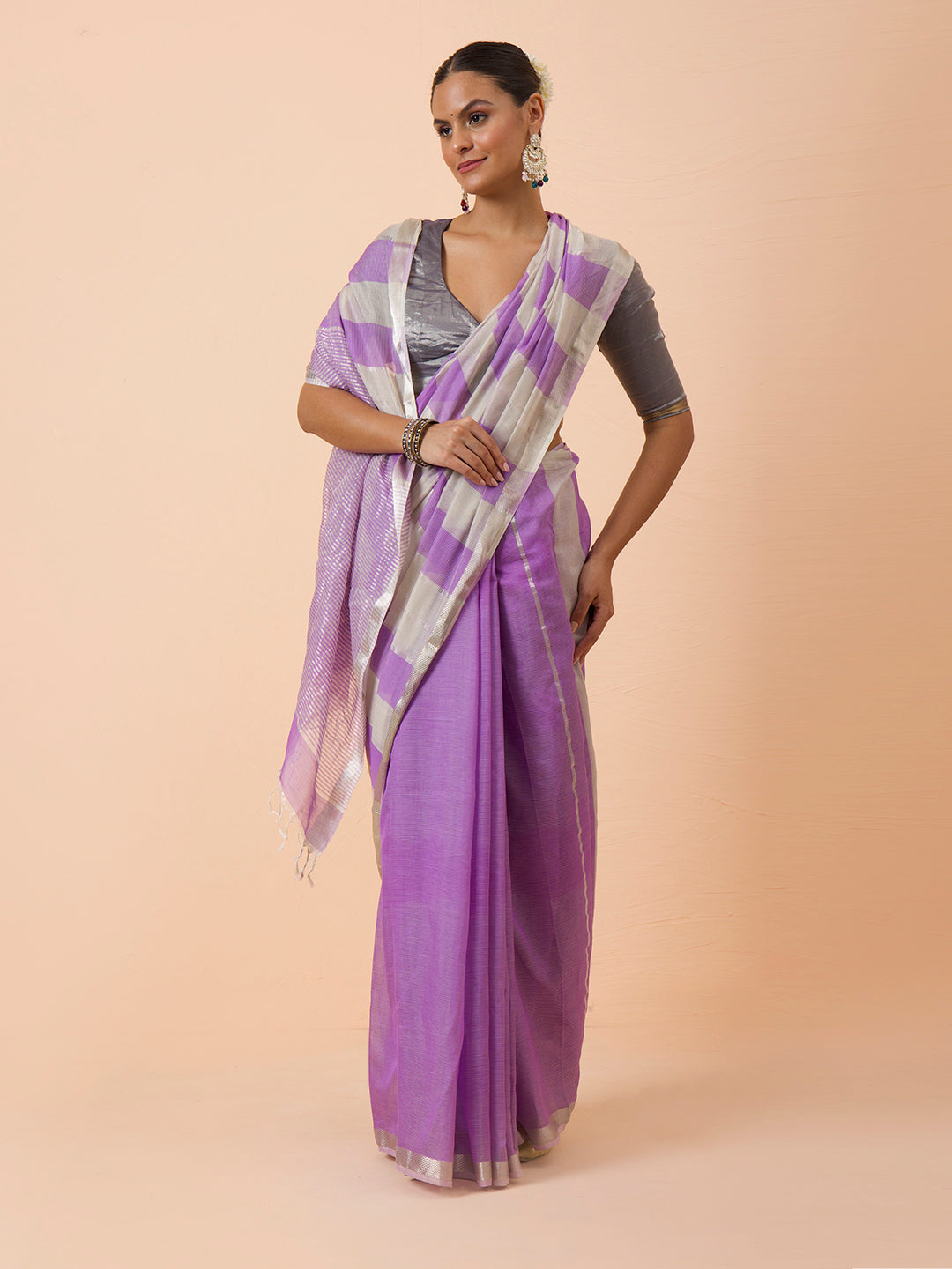 Lilac Purple Stripe Maheshwari Silver jari border Handwoven Saree