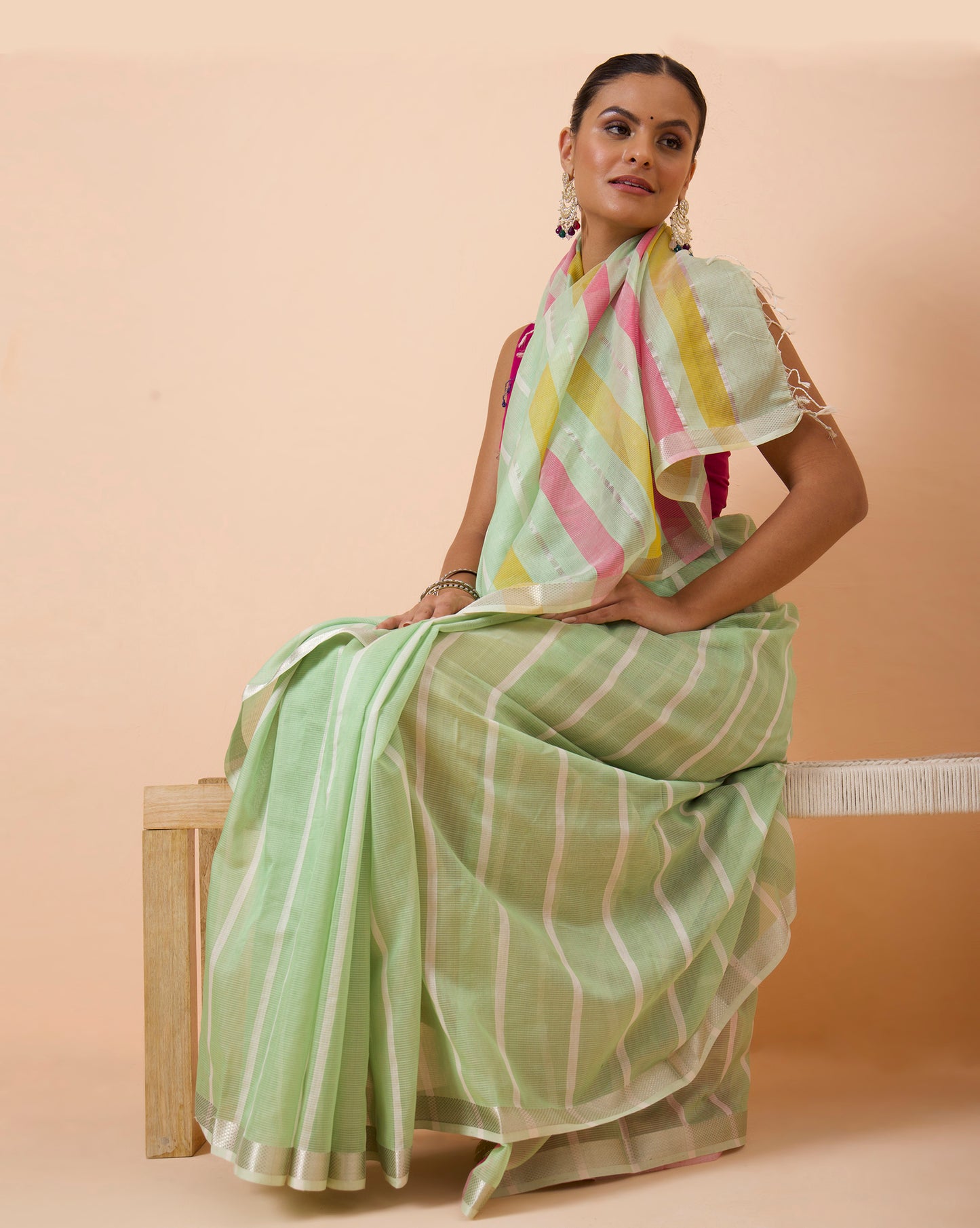 Pista Green Stripe Maheshwari Handwoven Saree