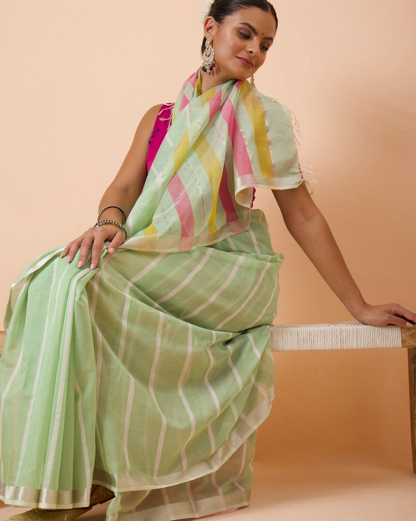 Pista Green Stripe Maheshwari Handwoven Saree