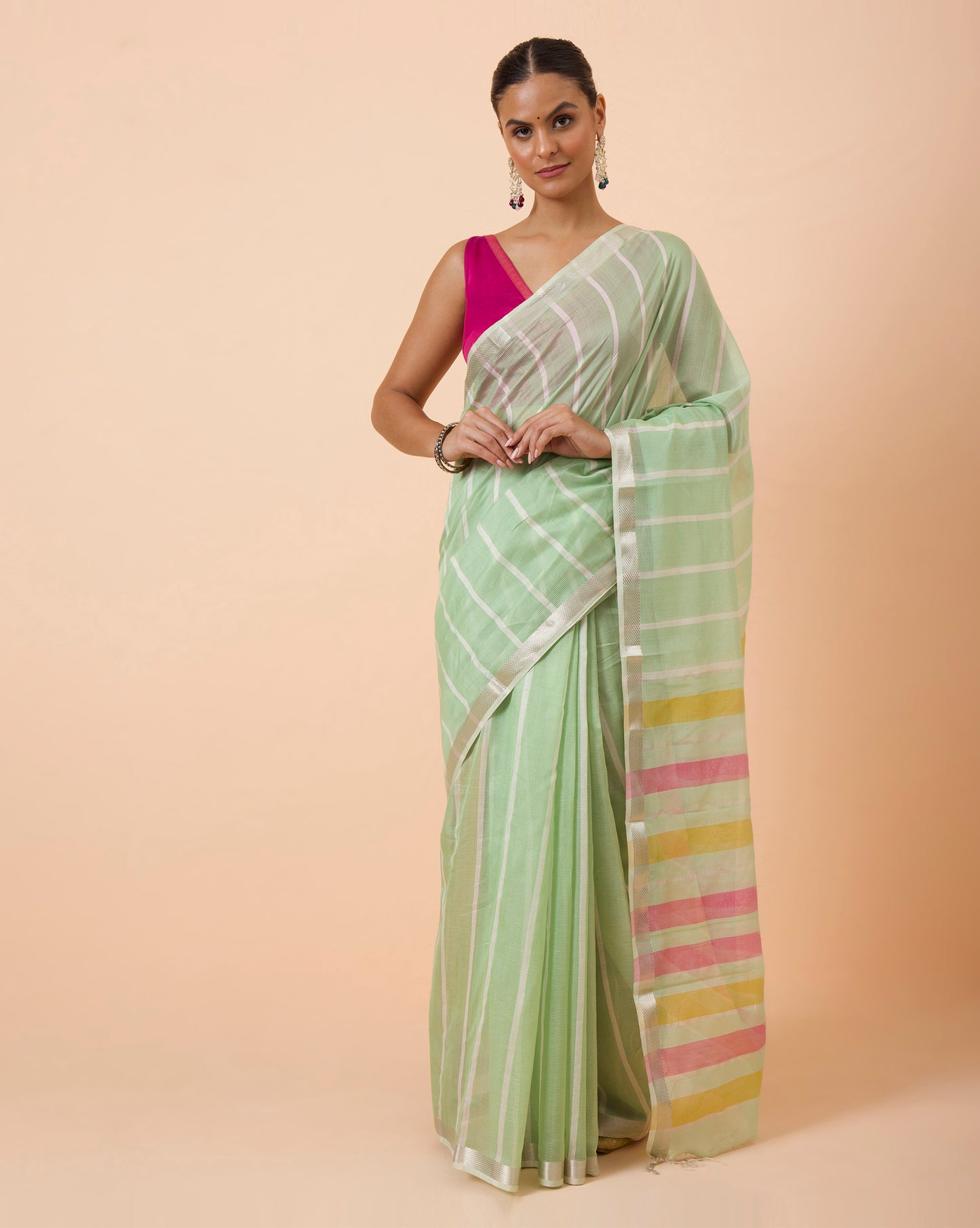 Pista Green Stripe Maheshwari Handwoven Saree