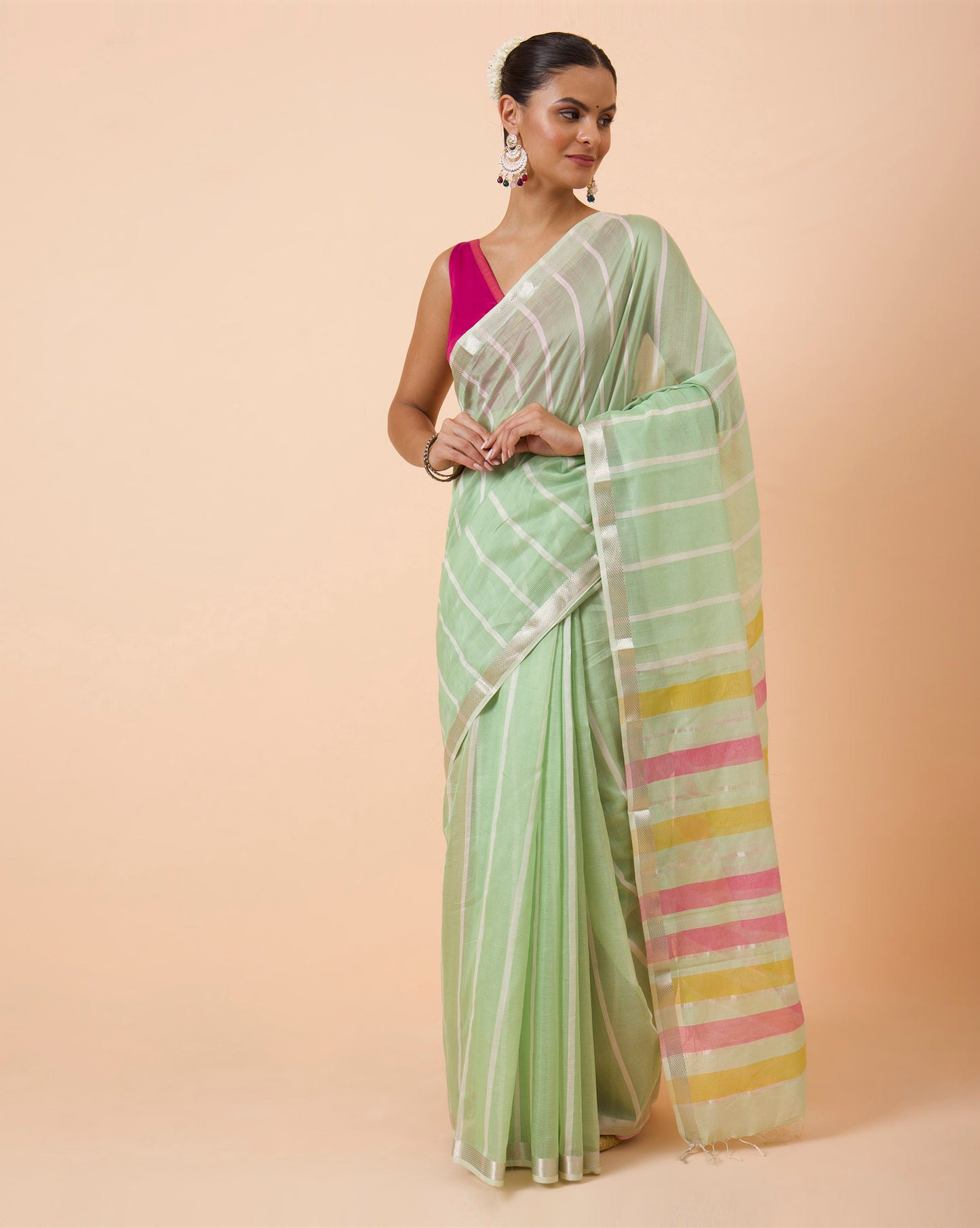 Pista Green Stripe Maheshwari Handwoven Saree