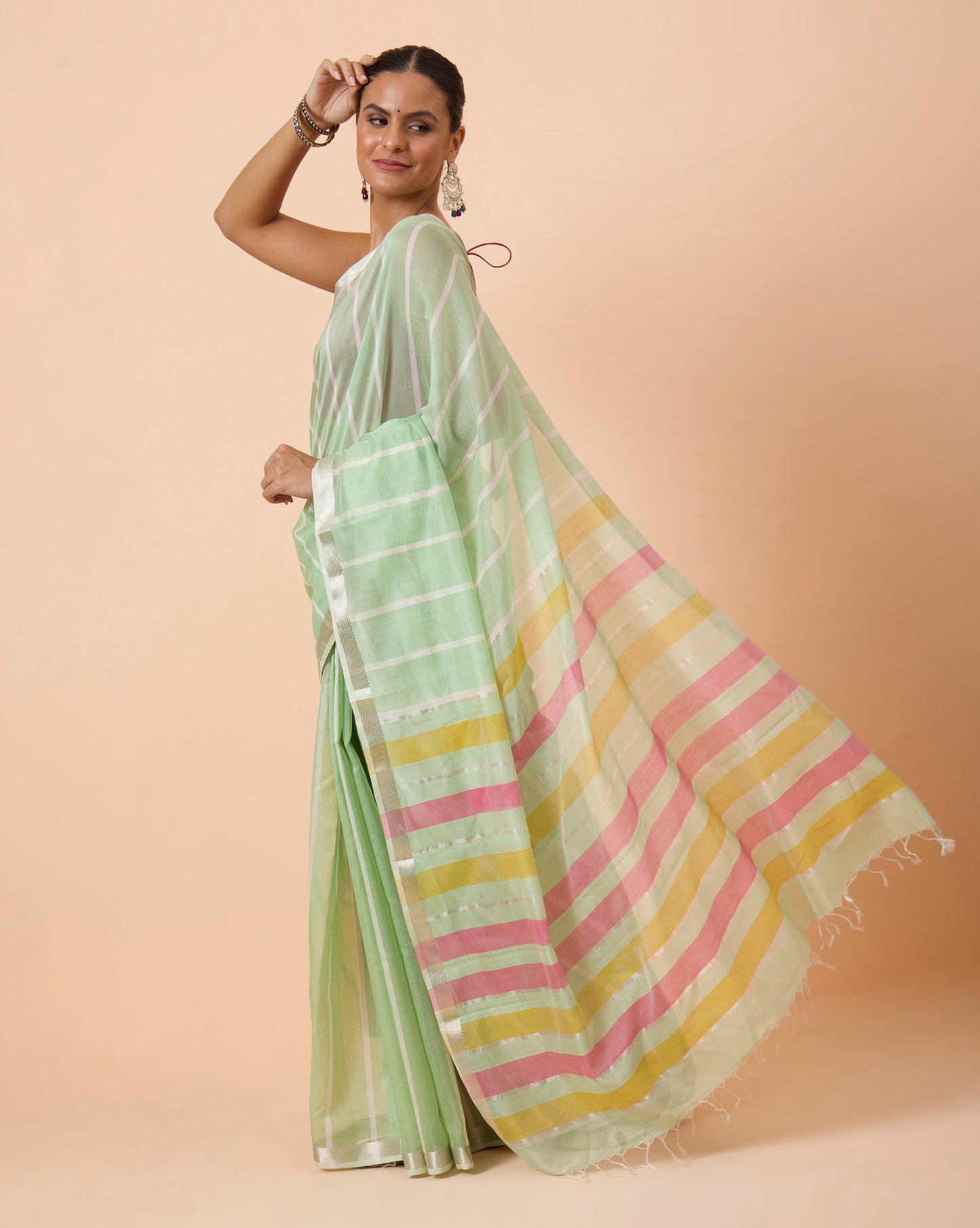 Pista Green Stripe Maheshwari Handwoven Saree