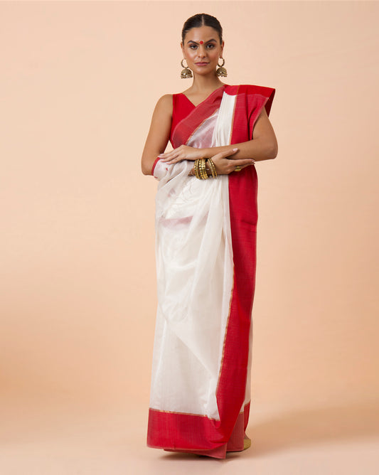 White Maheshwari Resham Border Handwoven Saree