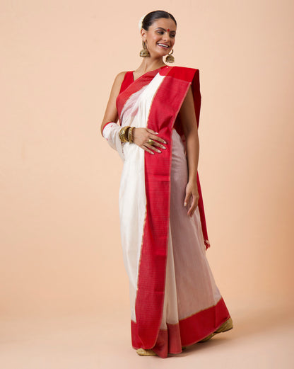 White Maheshwari Resham Border Handwoven Saree