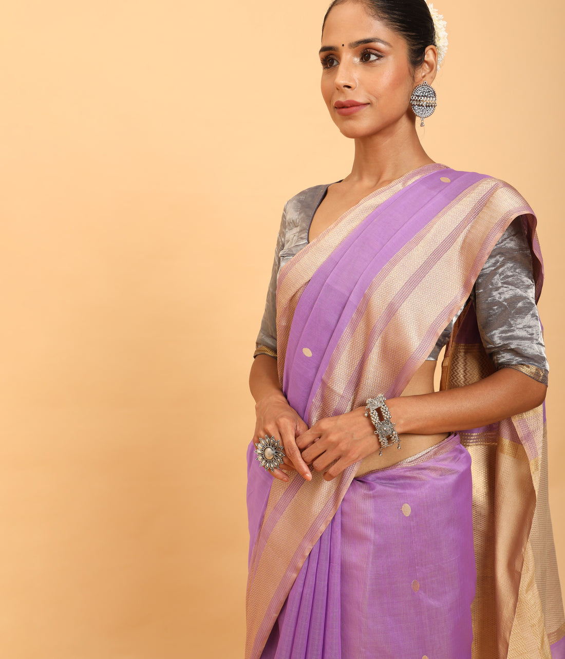 Lilac Maheshwari Handwoven Jari Jalla Pallu Butti Saree