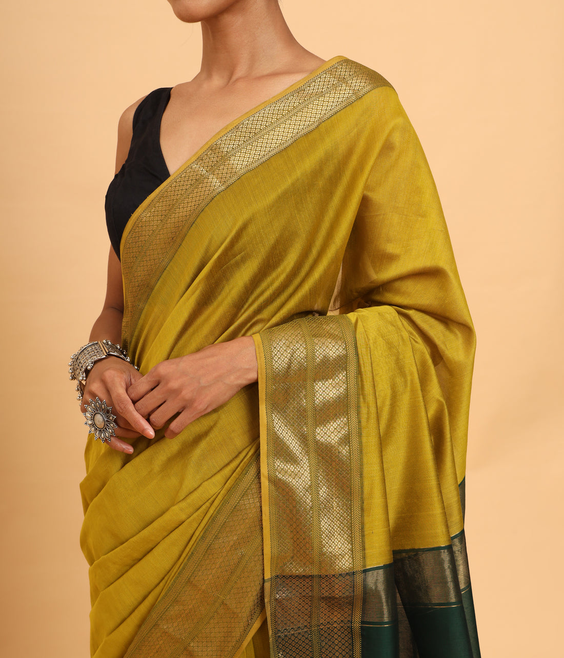 Mustard Maheshwari Handwoven Silk Cotton Saree