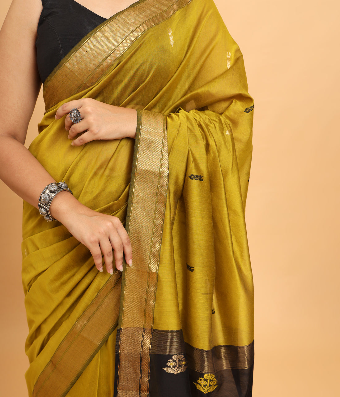 Mustard Maheshwari Handwoven Jari Butti Pallu Saree