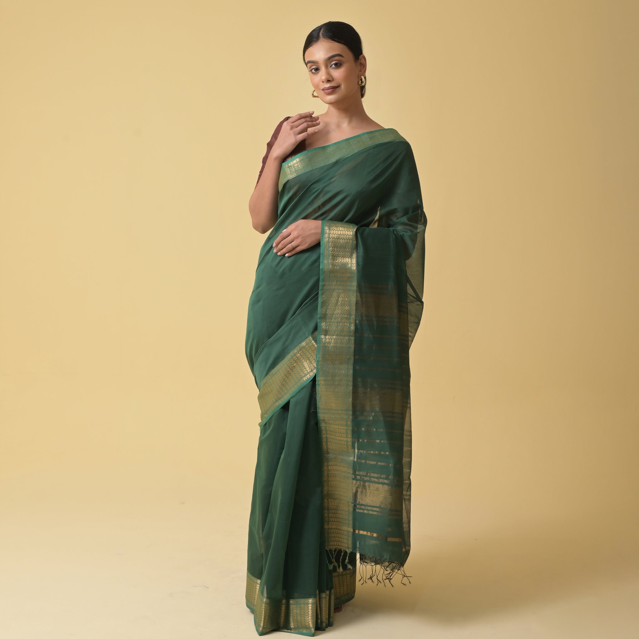 Forest Green Maheshwari Handwoven Silk Cotton Saree