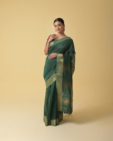 Forest Green Maheshwari Handwoven Silk Cotton Saree