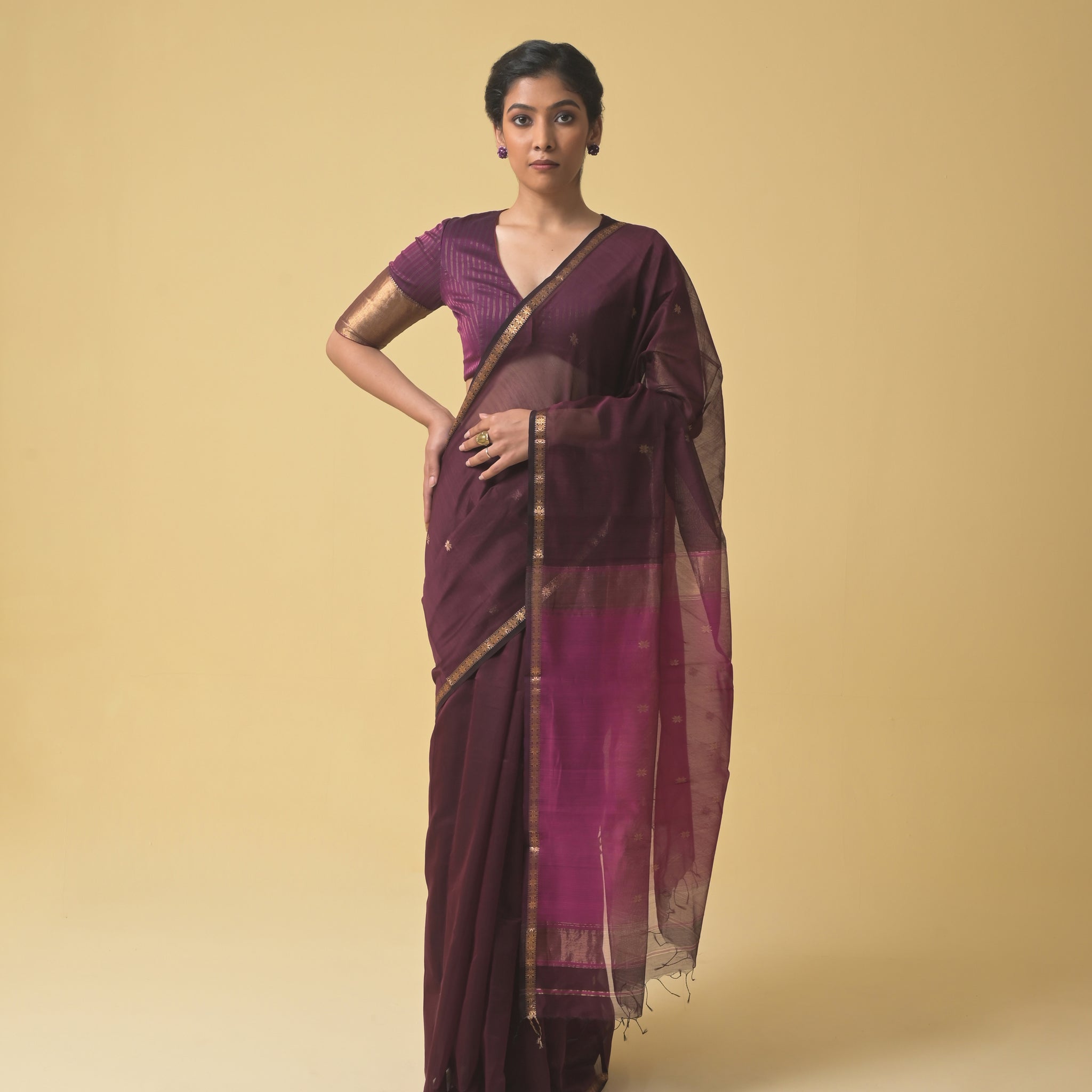 Wine Maheshwari Handwoven Golden Star Booti Saree