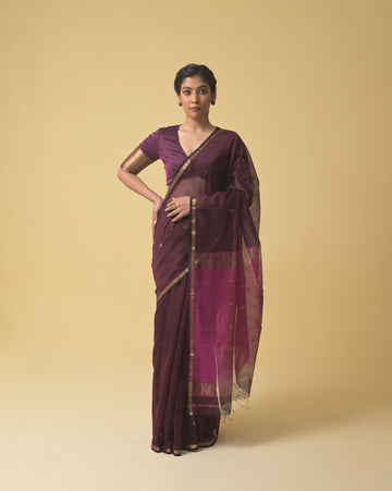 Wine Maheshwari Handwoven Golden Star Booti Saree